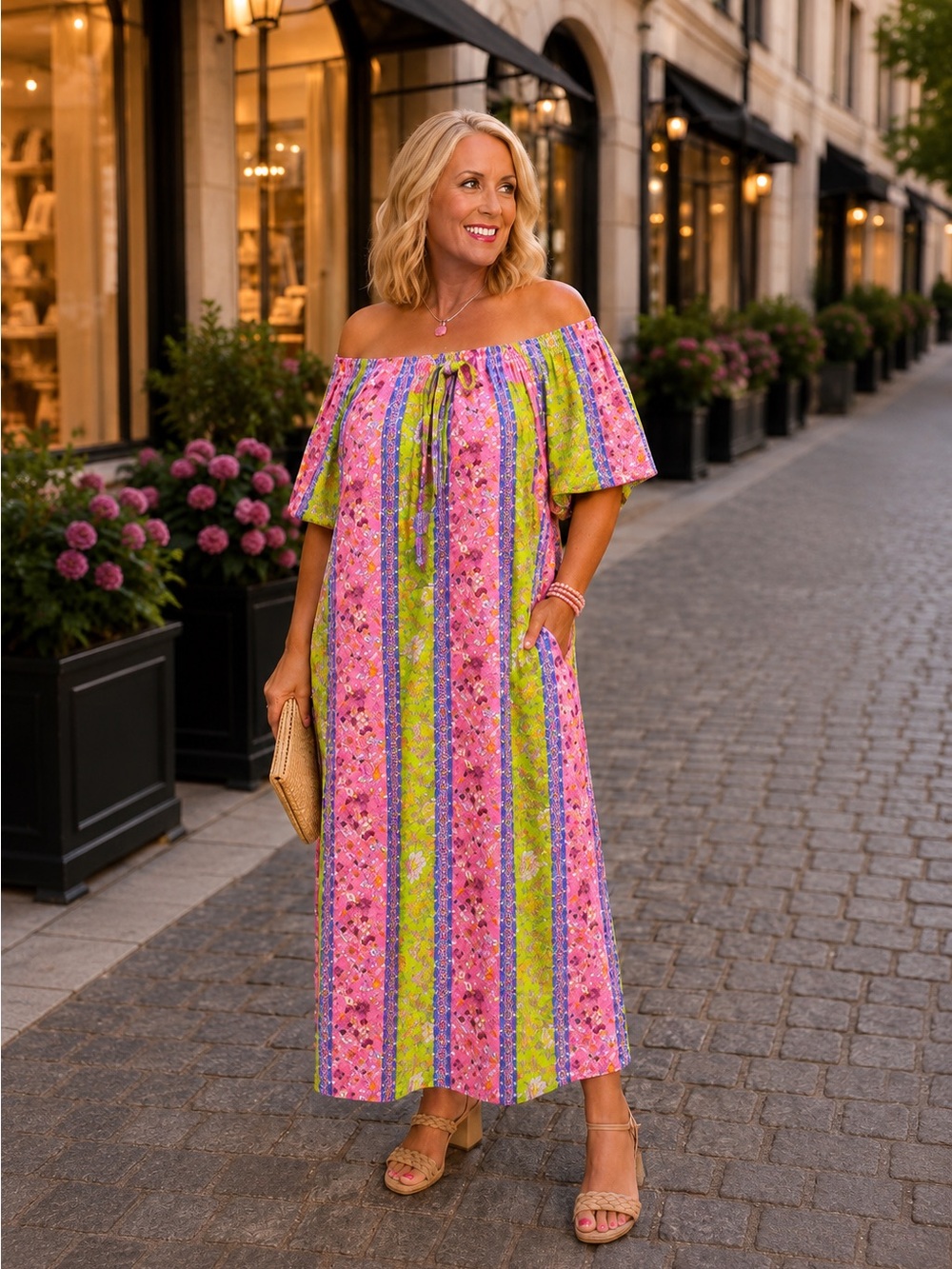 easel Pink & Lime Floral Boho Dress Size Large NWT